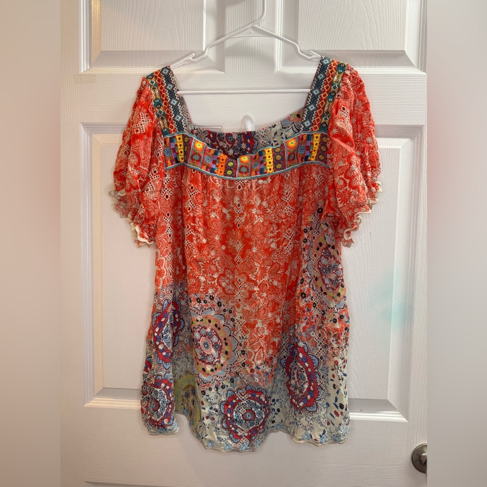 Johnny Was Orange Floral Embroidered Boho Tunic